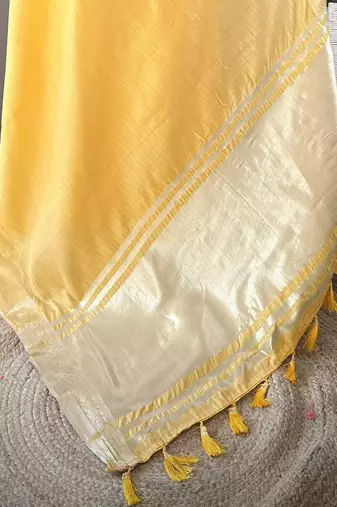 yellow soft cotton blend zari checks saree with unstitched blouse piece.