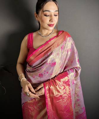 lilac kanjeevaram silk blend zari woven saree with unstitched blouse piece. 1