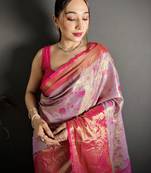 lilac kanjeevaram silk blend zari woven saree with unstitched blouse piece.