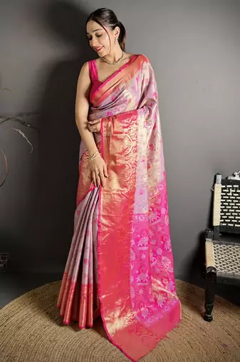 lilac kanjeevaram silk blend zari woven saree with unstitched blouse piece.