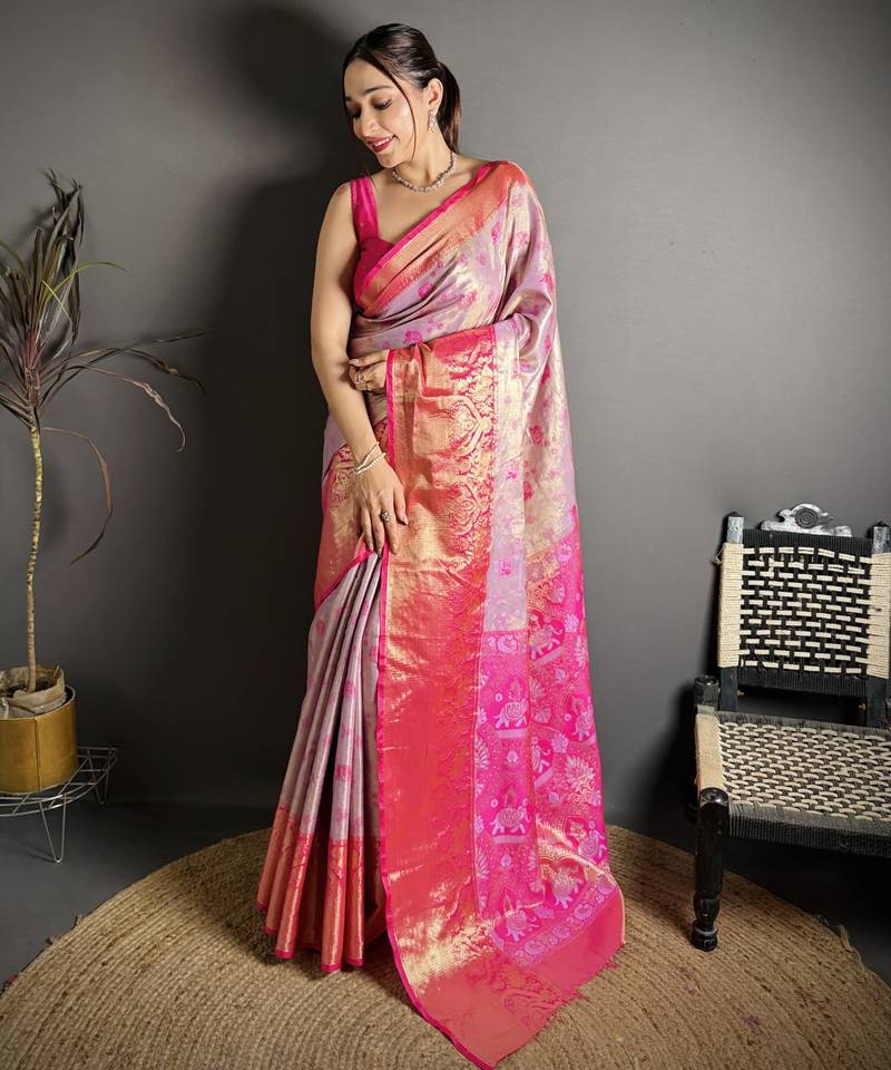 lilac kanjeevaram silk blend zari woven saree with unstitched blouse piece.