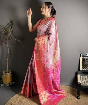 lilac kanjeevaram silk blend zari woven saree with unstitched blouse piece. 3