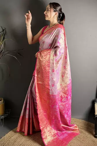 lilac kanjeevaram silk blend zari woven saree with unstitched blouse piece.