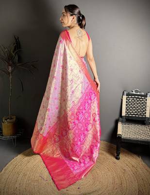 lilac kanjeevaram silk blend zari woven saree with unstitched blouse piece. 4