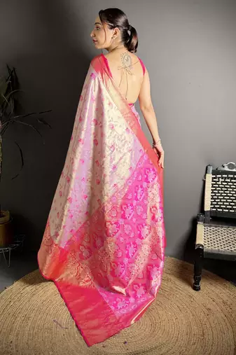 lilac kanjeevaram silk blend zari woven saree with unstitched blouse piece.