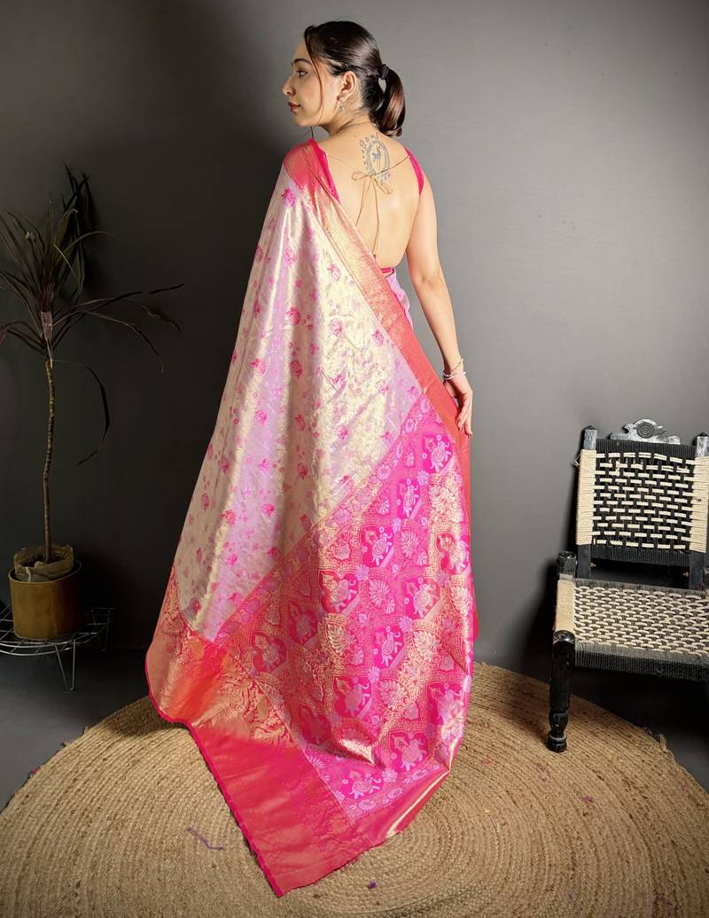 lilac kanjeevaram silk blend zari woven saree with unstitched blouse piece.