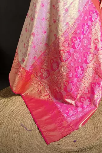 lilac kanjeevaram silk blend zari woven saree with unstitched blouse piece.