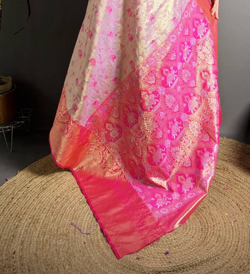 lilac kanjeevaram silk blend zari woven saree with unstitched blouse piece.