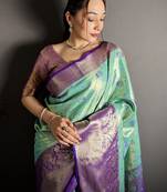 rama kanjeevaram silk blend zari woven saree with unstitched blouse piece.