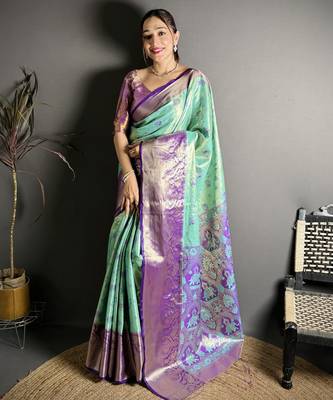 rama kanjeevaram silk blend zari woven saree with unstitched blouse piece. 2