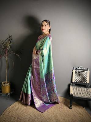 rama kanjeevaram silk blend zari woven saree with unstitched blouse piece. 3