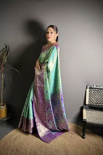 rama kanjeevaram silk blend zari woven saree with unstitched blouse piece.