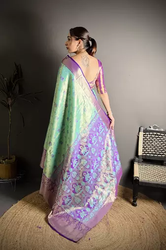 rama kanjeevaram silk blend zari woven saree with unstitched blouse piece.