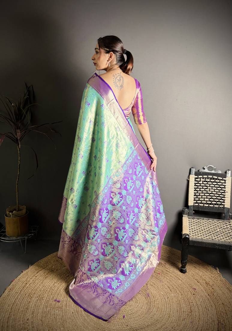 rama kanjeevaram silk blend zari woven saree with unstitched blouse piece.