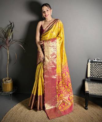 yellow kanjeevaram silk blend zari woven saree with unstitched blouse piece. 2