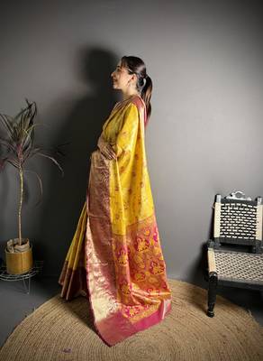 yellow kanjeevaram silk blend zari woven saree with unstitched blouse piece. 3