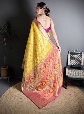 yellow kanjeevaram silk blend zari woven saree with unstitched blouse piece. 4