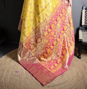 yellow kanjeevaram silk blend zari woven saree with unstitched blouse piece. 5
