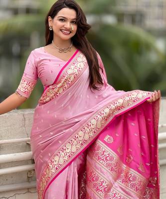 pink satin silk blend banarasi zari woven saree with unstitched blouse piece. 1