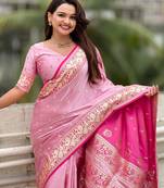 pink satin silk blend banarasi zari woven saree with unstitched blouse piece.