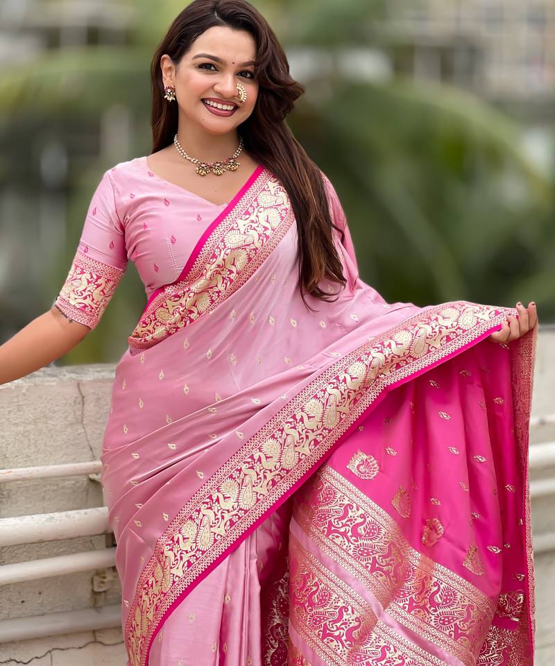 pink satin silk blend banarasi zari woven saree with unstitched blouse piece.