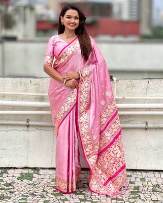 pink satin silk blend banarasi zari woven saree with unstitched blouse piece. 2