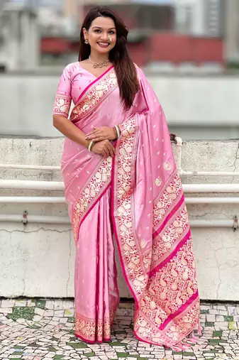 pink satin silk blend banarasi zari woven saree with unstitched blouse piece.