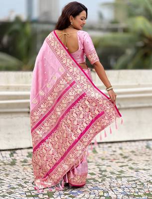 pink satin silk blend banarasi zari woven saree with unstitched blouse piece. 3