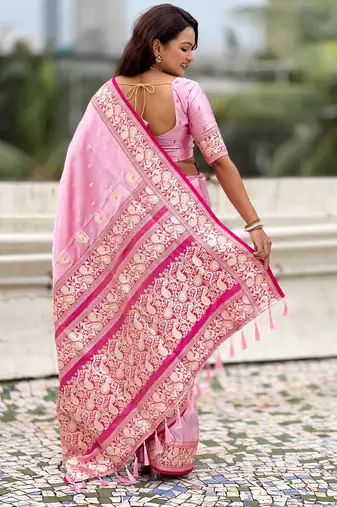 pink satin silk blend banarasi zari woven saree with unstitched blouse piece.