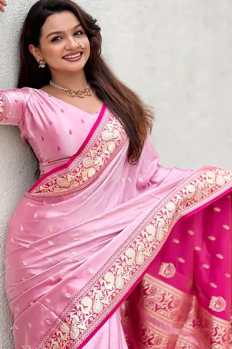 pink satin silk blend banarasi zari woven saree with unstitched blouse piece.