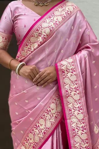 pink satin silk blend banarasi zari woven saree with unstitched blouse piece.