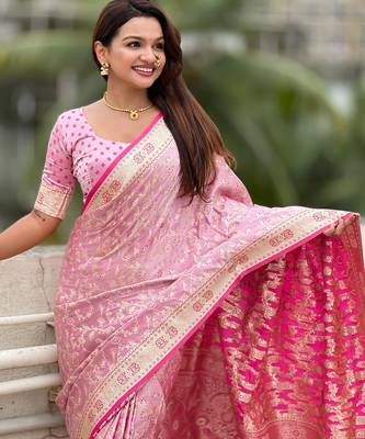 pink satin silk blend banarasi zari woven saree with unstitched blouse piece. 1