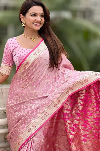 pink satin silk blend banarasi zari woven saree with unstitched blouse piece.