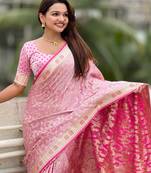 pink satin silk blend banarasi zari woven saree with unstitched blouse piece.