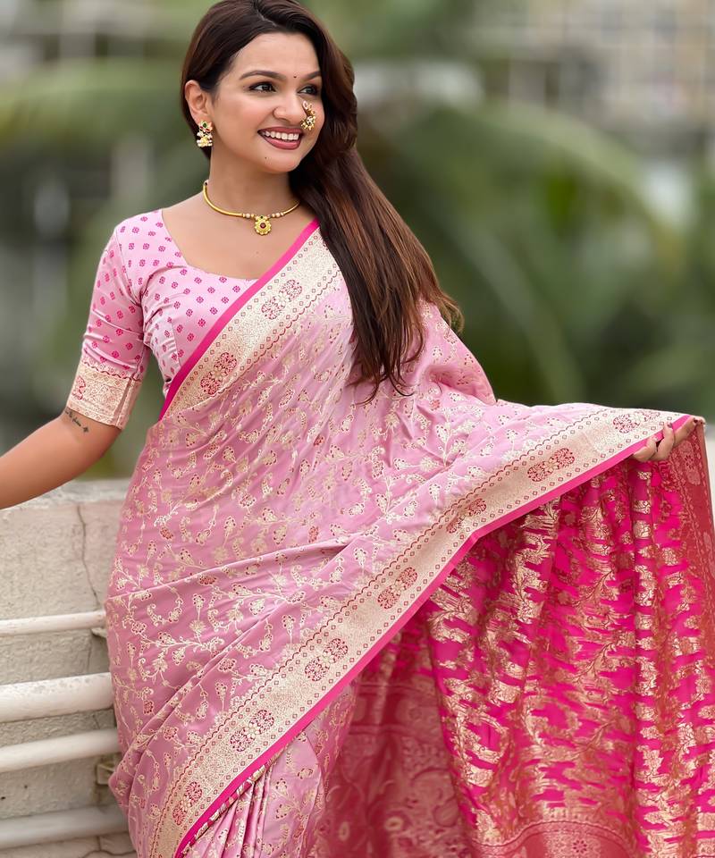 pink satin silk blend banarasi zari woven saree with unstitched blouse piece.