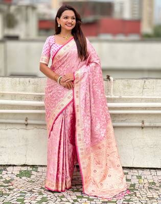 pink satin silk blend banarasi zari woven saree with unstitched blouse piece. 2