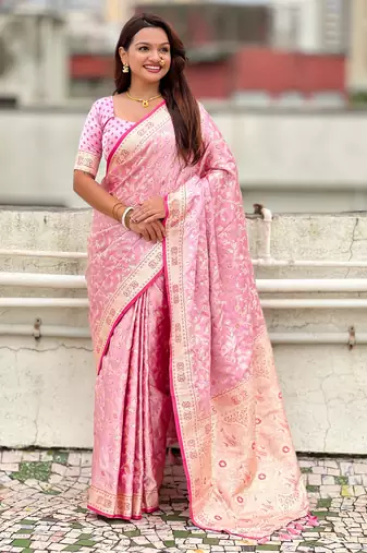 pink satin silk blend banarasi zari woven saree with unstitched blouse piece.