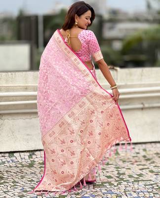 pink satin silk blend banarasi zari woven saree with unstitched blouse piece. 3