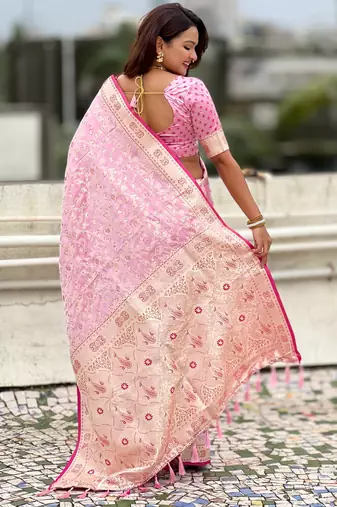 pink satin silk blend banarasi zari woven saree with unstitched blouse piece.