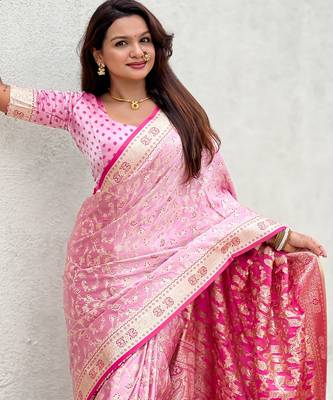 pink satin silk blend banarasi zari woven saree with unstitched blouse piece. 4
