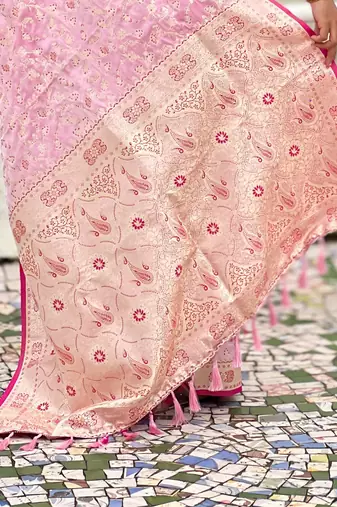 pink satin silk blend banarasi zari woven saree with unstitched blouse piece.