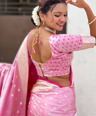 pink satin silk blend banarasi zari woven saree with unstitched blouse piece. 2