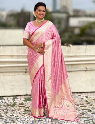 pink satin silk blend banarasi zari woven saree with unstitched blouse piece. 1