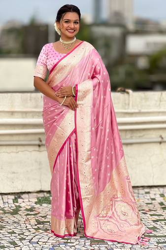 pink satin silk blend banarasi zari woven saree with unstitched blouse piece.