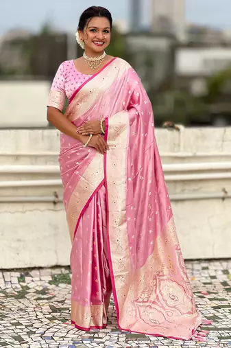 pink satin silk blend banarasi zari woven saree with unstitched blouse piece.