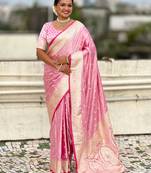 pink satin silk blend banarasi zari woven saree with unstitched blouse piece.