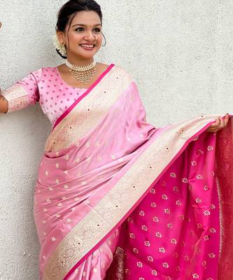 pink satin silk blend banarasi zari woven saree with unstitched blouse piece. 4