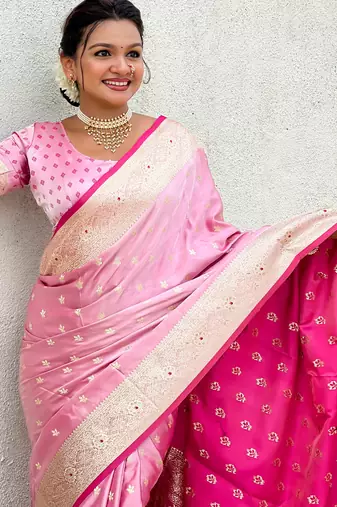 pink satin silk blend banarasi zari woven saree with unstitched blouse piece.