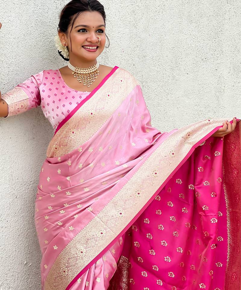 pink satin silk blend banarasi zari woven saree with unstitched blouse piece.