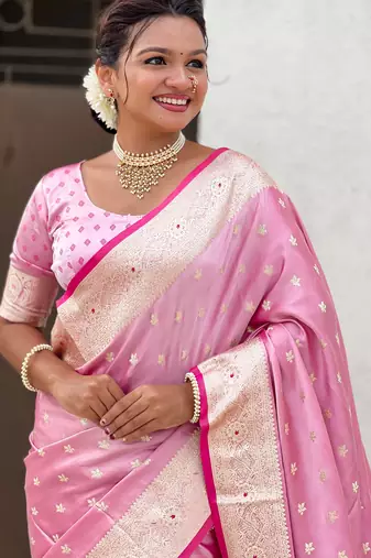 pink satin silk blend banarasi zari woven saree with unstitched blouse piece.